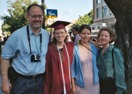 Immediate family at outside Memorial Auditorium for Lilah's graduation.